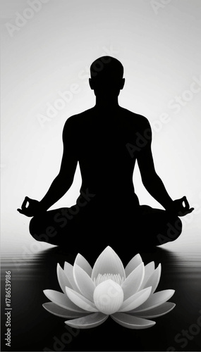 A black and white silhouette of a man meditating in the lotus position in front of a large flower. Vector graphics. EPS.