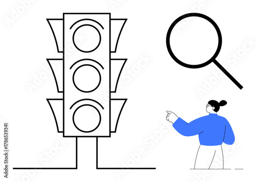 Traffic signal with three lights, magnifying glass, woman pointing. Ideal for guidance, decision-making, exploration, research, direction observation navigation. Simple flat metaphor