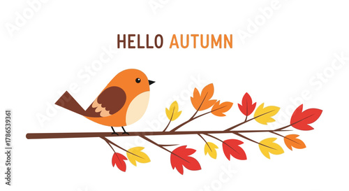 Cute cartoon robin bird perched on a branch with colorful autumn leaves and text hello autumn