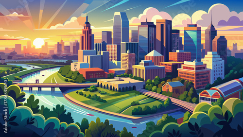 Very beautiful aerial view of downtown Saint Paul, Minnesota, USA, at summer sunrise, featuring city skyline reflected in the Mississippi River, surrounding greenery, and a realistic vibrant urban lan