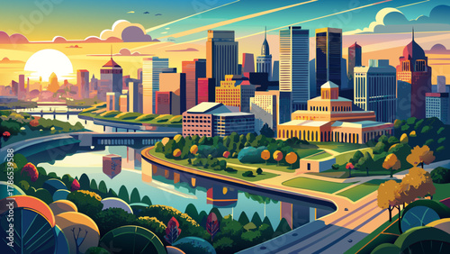 Very beautiful aerial view of downtown Saint Paul, Minnesota, USA, at summer sunrise, featuring city skyline reflected in the Mississippi River, surrounding greenery, and a realistic vibrant urban 