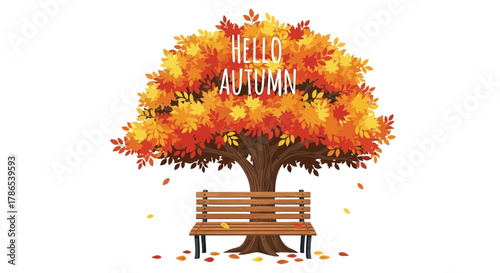 Vibrant autumn tree with falling leaves and wooden bench underneath welcoming hello autumn
