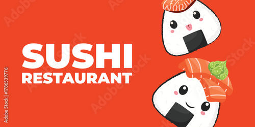 Vector illustrated promotional banner with Japanese cuisine. Traditional Asian food including onigiri, sushi, and rice bowls. Perfect for restaurant branding, menu design, and online advertising