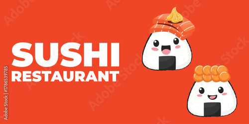 Vector illustrated promotional banner with Japanese cuisine. Traditional Asian food including onigiri, sushi, and rice bowls. Perfect for restaurant branding, menu design, and online advertising