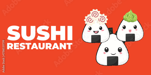 Vector illustrated promotional banner with Japanese cuisine. Traditional Asian food including onigiri, sushi, and rice bowls. Perfect for restaurant branding, menu design, and online advertising