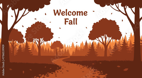 Warm welcome to autumn with a winding path through a forest of silhouetted trees and falling leaves