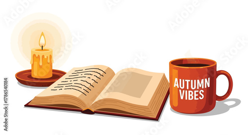Cozy autumn evening scene with open book steaming coffee mug and lit candle