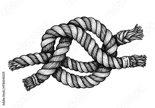 Hand-drawn reef knot illustration in a vintage engraved style, symbolizing strength, connection, and a secure bond