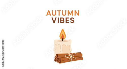 Cozy autumn vibes with a lit candle and cinnamon sticks on a white background