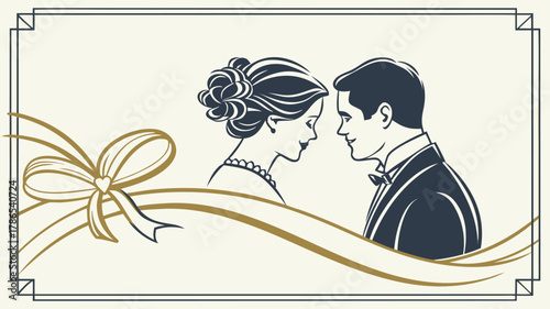 Vintage Couple Embracing with Golden Ribbon and Bow