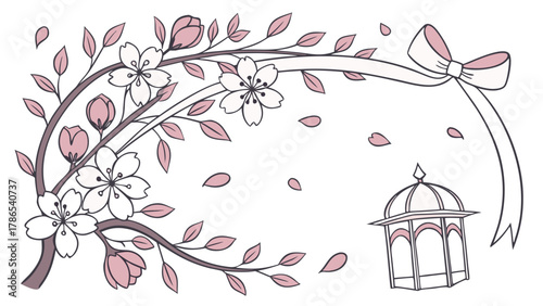 Watercolor cherry blossom branches with gazebo and ribbon