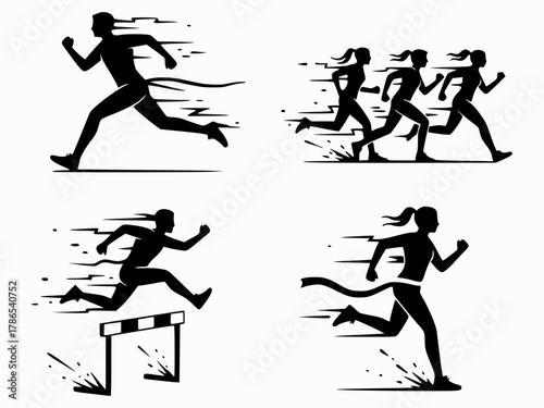 Marathon run. Group of running people, men and women. Isolated vector silhouettes