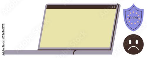 Open laptop with GDPR security shield and sad face highlights data privacy challenges, compliance issues, and secure information practices. Ideal for cybersecurity, law, data, privacy, online safety