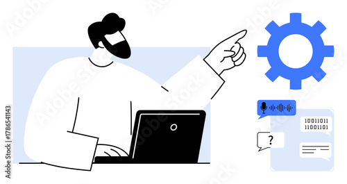 Man with laptop pointing at gear icon, voice command, messages, binary code. Ideal for automation, workflow, technology, innovation AI productivity process optimization. Simple flat metaphor