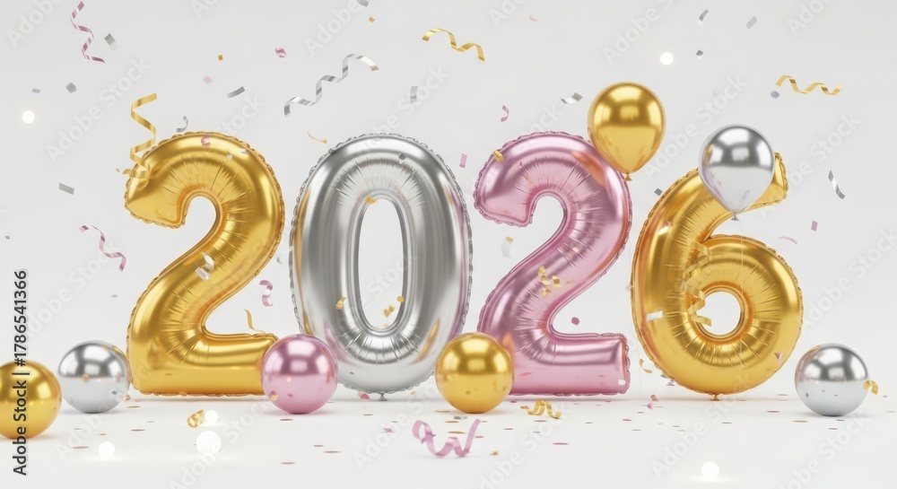 Fototapeta premium Happy new year 2026 balloons and confetti