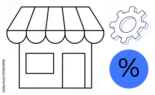 Small shop storefront with awning, gear icon, and blue percentage sign indicating sales, discounts, or business operations. Ideal for retail, commerce, sales strategy, discounts e-commerce business
