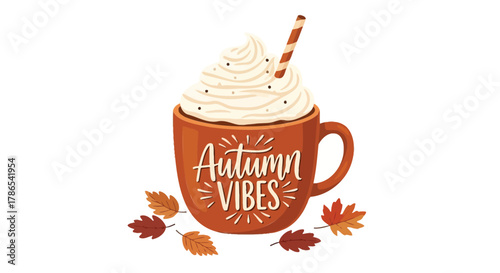 Cozy autumn vibes mug with whipped cream and fall leaves perfect for seasonal drinks