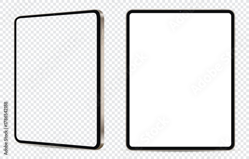 Realistic tablet mockup. Front and side view with white and empty screen on transparent background.