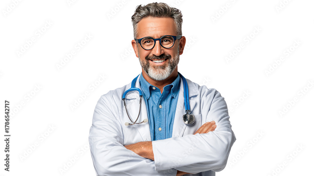 Fototapeta premium Confident Professional: A seasoned, smiling medical professional, embodying expertise and compassion, stands with arms crossed, a symbol of trust, ready to provide care.