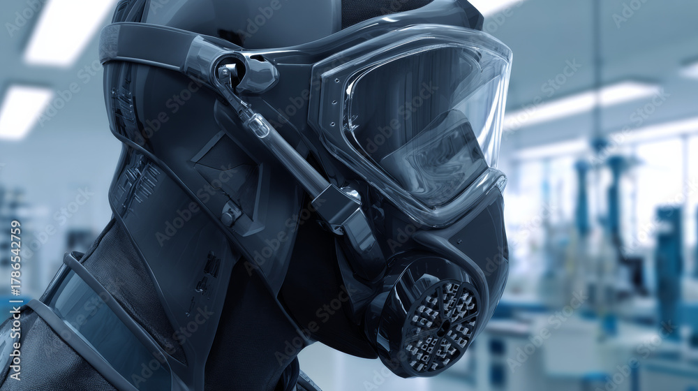 Fototapeta premium Scientist wearing futuristic gas mask in laboratory