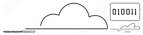 Large central cloud with digital binary code, smaller cloud below. Ideal for cloud storage, technology, data security, innovation, binary representation, cloud platforms, simple flat metaphor