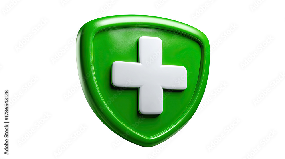 Fototapeta premium Protection and Well-being Symbol: A visually striking green shield, bearing a white cross, embodies protection, healthcare, and safety, a symbol of well-being and security.