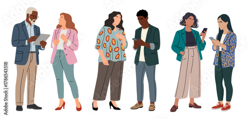 Flat vector illustration of diverse business professionals standing, communicating and using digital devices. Modern office fashion, clean lines, minimal style, teamwork and workplace concept