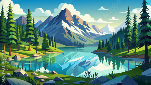 Very beautiful panoramic view of a mountain lake nestled in a forest, featuring calm reflective waters, surrounding lush trees, and a realistic serene natural landscape.