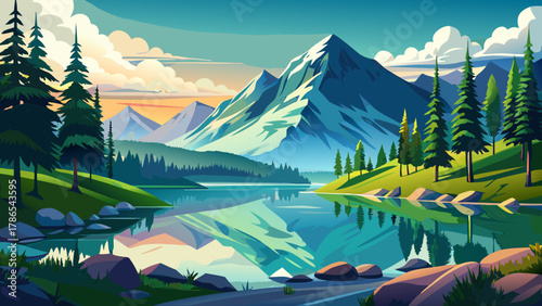Very beautiful panoramic view of a mountain lake nestled in a forest, featuring calm reflective waters, surrounding lush trees, and a realistic serene natural landscape.