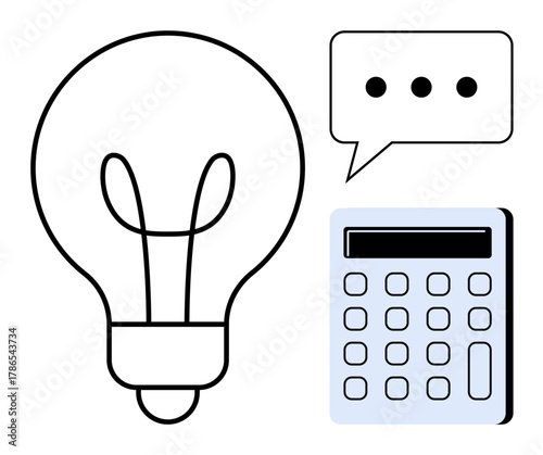 Light bulb symbolizing ideas, calculator for calculations, and speech bubble for communication. Ideal for innovation, technology, education, finance, creativity math problem-solving. Simple flat