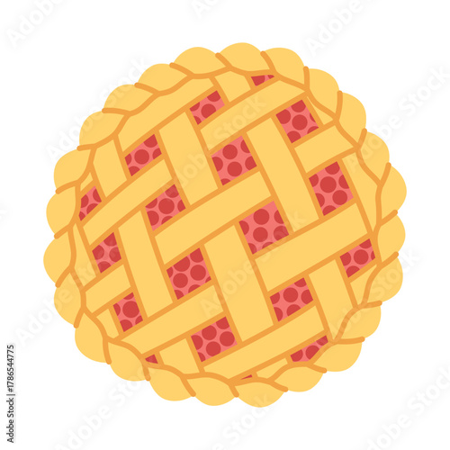 Round autumn pie with lattice crust and berry filling. Cozy homemade dessert for fall, thanksgiving and bakery themed design. Simple illustration. Flat vector. Hand drawn. Isolated background.