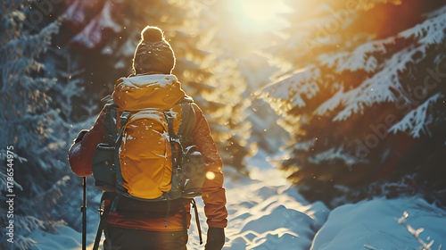 Hiker walking through snowy forest trail at sunrise