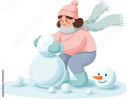 A bundled-up girl happily builds a snowman, rolling snowballs as the smiling head rests nearby