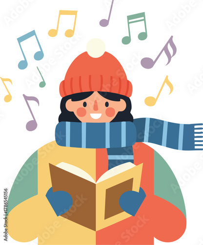 Warmly dressed person happily sings from a book as colorful musical notes float around