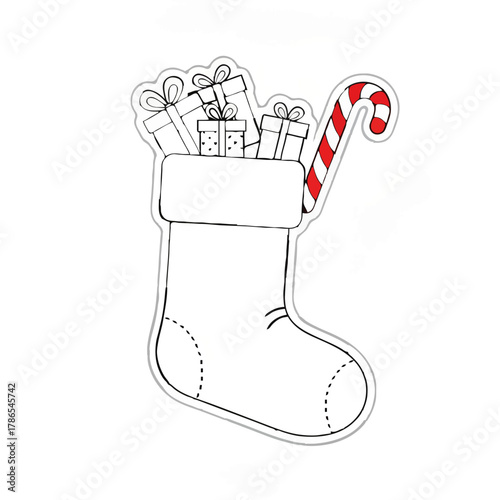 Christmas Stocking Filled with Gifts and Candy Cane

