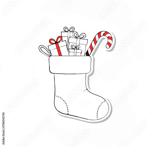 Christmas Stocking Filled with Gifts and Candy Cane


