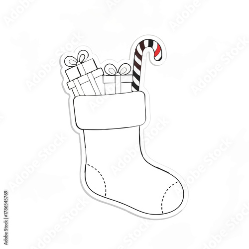 Christmas Stocking Filled with Gifts and Candy Cane

