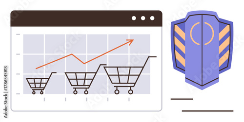 Graph with shopping carts showing upward trend alongside security shield. Ideal for business growth, sales, e-commerce, profitability, security, marketing trends, simple flat metaphor