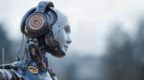 Close-up of a humanoid robot with glowing details against the sky.