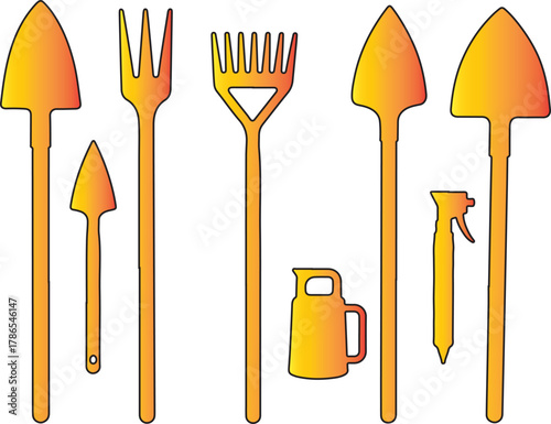 A Collection of Garden Tools Including Shovels Rakes Trowel Sprayer and Watering Can for Cultivating Plants and Soil