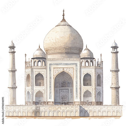 Taj Mahal, watercolor illustration vector, isolated on a white background.