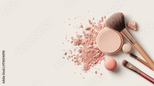 Makeup brushes with compact blush and scattered pink powder.