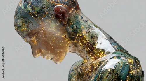 Transparent humanoid figure filled with illuminated circuits and glowing details.