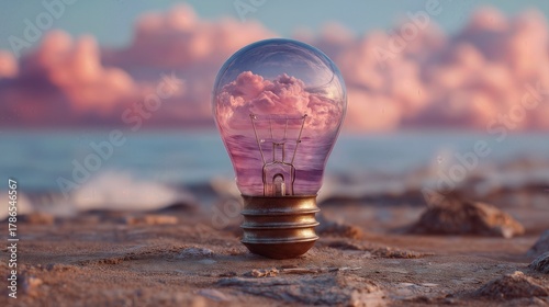 A light bulb on sand reflecting pink clouds, symbolizing creativity and imagination.