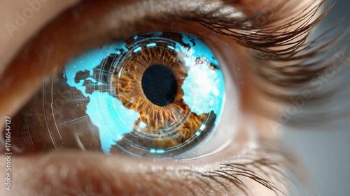 Global Vision: An intriguing composite image of a human eye with a digital representation of the world map superimposed on the iris.