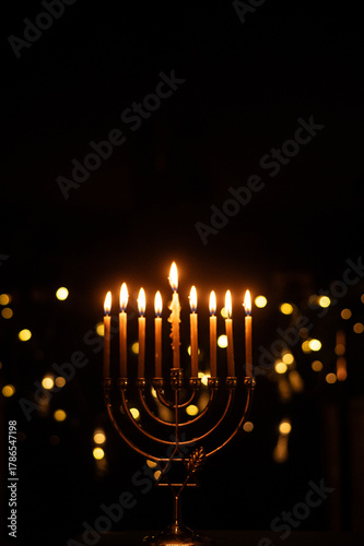 Hanukkah Menorah with Burning Candles and Warm Lights