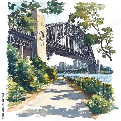 watercolor vector of Sydney Harbour Bridge, isolated on a white background.