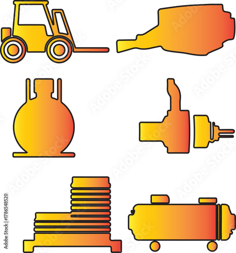 Collection of Industrial Equipment Components and Machinery Icons for Heavy Duty Manufacturing and Logistics Applications