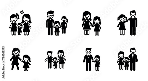 Black outline vector icon set of family groups featuring adults and children in various combinations of parents and kids, showcasing family dynamics.