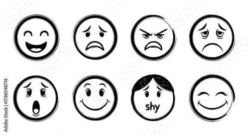 Hand-drawn style set of eight black and white emoji faces expressing a range of emotions from happiness to sadness and shyness.
